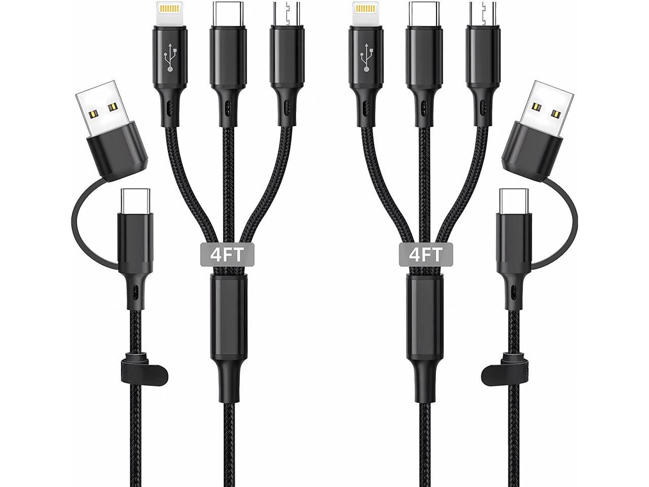 6 in 1 Multi Charging Cable 2Pack 4ft Multi USB Universal Phone Charging Cable, USB A/C to Phone USB C Micro USB Lightning Connector Nylon Braided Charging Cord Compatible with iPhone/Samsung-Black