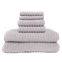 Load image into Gallery viewer, American Choice light gray ribbed six piece towel collection. 
