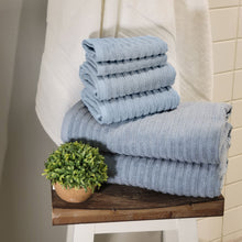 Load image into Gallery viewer, Six mint blue towels on a towel rack in a bathroom. 
